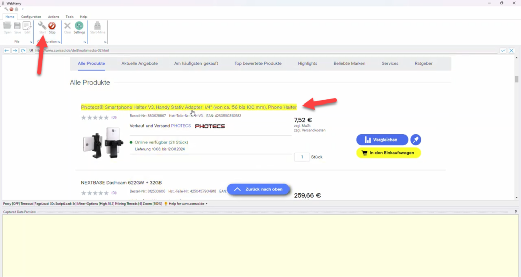 How to Scrape Conrad.de Product Data using WebHarvy